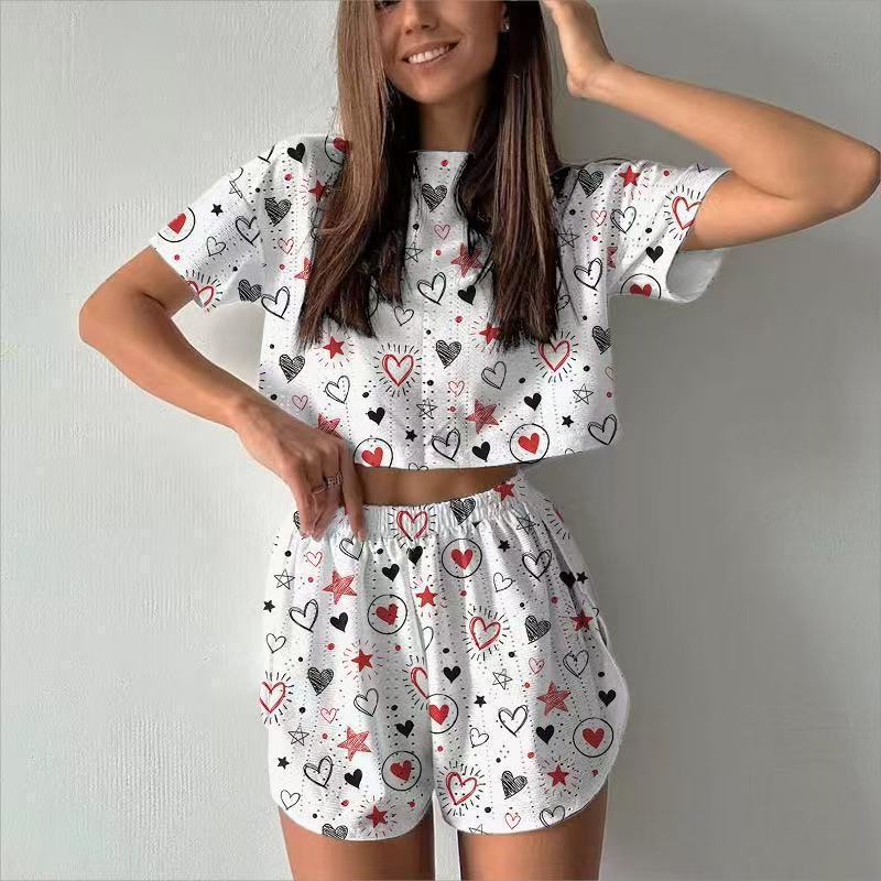 跨境家居服欧美时尚套装夏季女士睡衣两件套短袖短裤提花印花现货|undefined