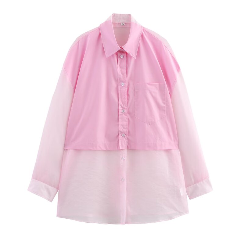 Cross-Border Women's Clothing 2026 Summer New Style European and American Style Transparent Organza Splicing Loose Shirt 5063023 Cross-Border Women's Clothing 2026 Summer New Style European and American Style Transparent Organza Splicing Loose Shirt 5063023