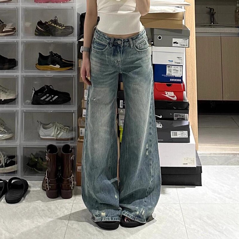 American Retro Washed Light Blue Mid-Low Waist Wide-Leg Jeans for Women Versatile Lazy Relaxed Floor-Length Pants Trendy
