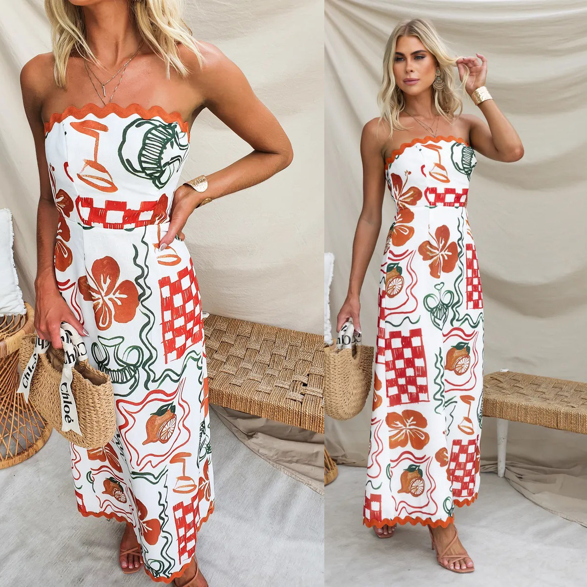 Femmes Robe Fourreau Vacances Sans Bretelles Plissé Sans Manches Impression Maxi Longue Robe Vacances Du Quotidien Plage display picture 1