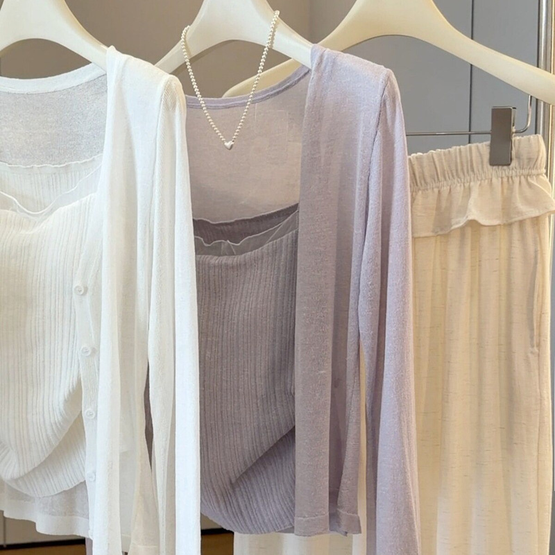 Ice Silk Sun-Protective Long-Sleeve Knit Top for Women, New Summer Fashion, Thin and Gentle, Versatile Camisole and Cardigan Two-Piece Set