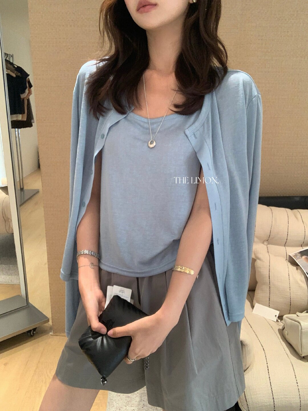 Bộ cardigan len mỏng kèm áo hai dây hai mảnh nữ mùa hè — Xám cacbon, xanh lam, màu hồng, Đậu xanh chi tiết 86