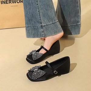 836-H122 French Fashion Silk One line Buckle with Increased Height, Middle Heel, Water Diamond Bow, Square Head Single S