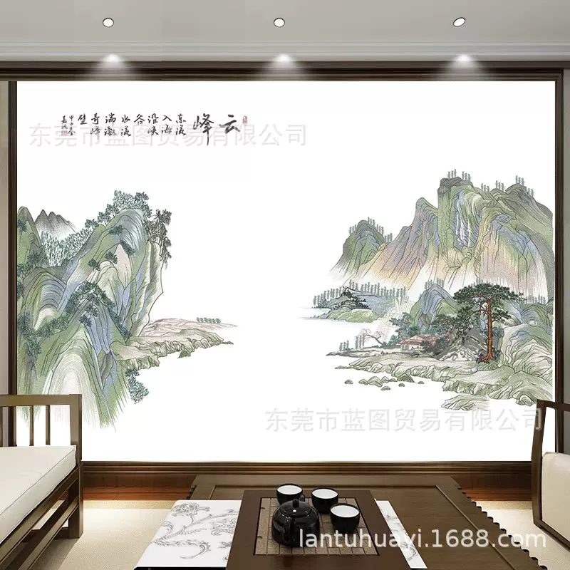 大幅独绣沙发电视床头背景墙布壁画新中式刺绣苏绣软包硬包山水画