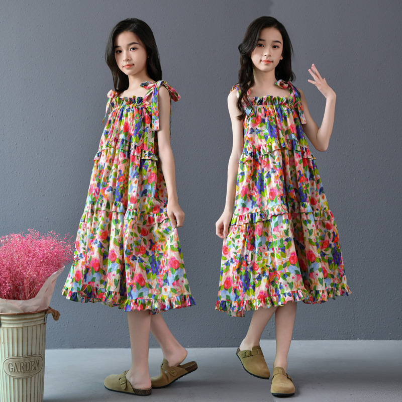 Nueva falda grande para niñas, vestido de flores, falda de tirantes para niñas de verano, 2025, nueva falda de playa para niños de verano