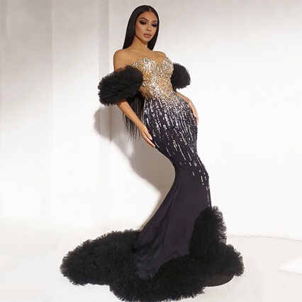 Luxurious and Elegant Sexy Dress with Bright Rhinestones, Ruffled Hem, and a Long Train, Featuring a Strapless Mermaid Silhouette, Suitable for Socialite Evening Events, Runway Shows, Beauty Pageants, and Photo Shoots