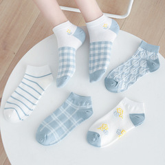 Spring New Arrival Matchy-Matchy Low-Cut Cotton Socks for Women Fresh Blue Small Flower Striped Academic Style Women's Boat Socks