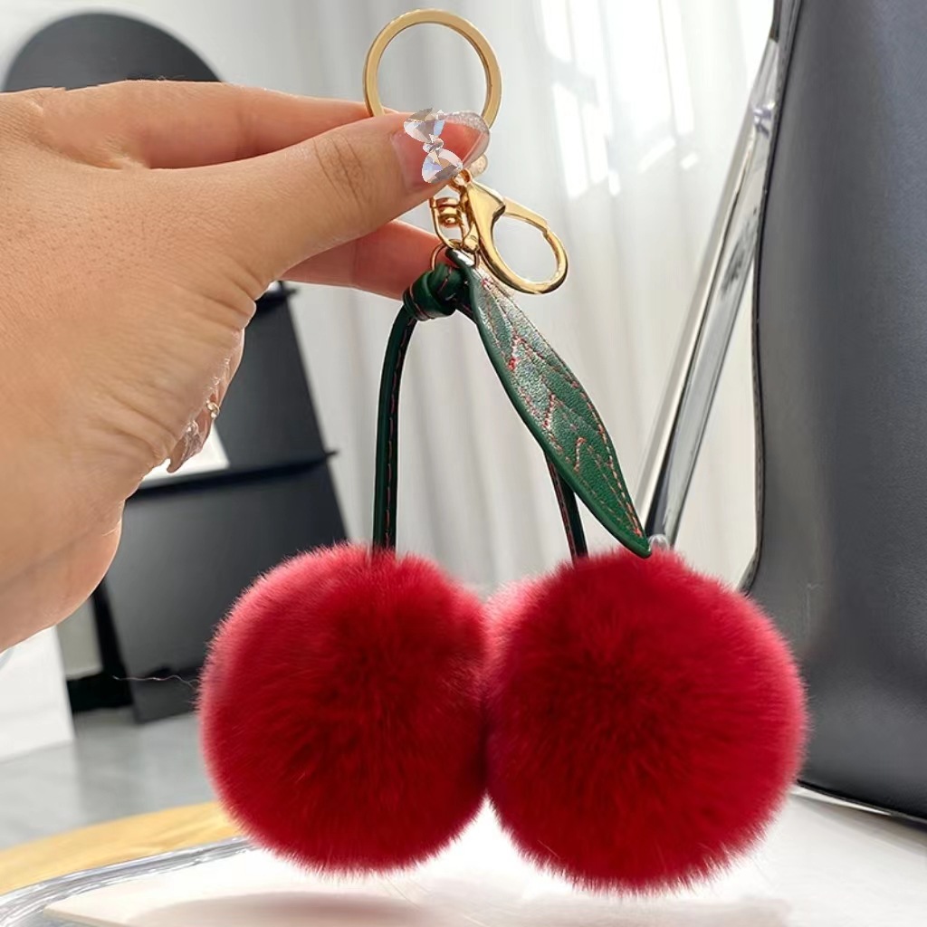 17g Weight Bag Pendant, Keychain Classification 1 Piece Quantity Daily, Street Occasion Real rex rabbit hair Material Cherry Pattern Cute Style 1 Piece Cute Cherry Real Rex Rabbit Hair Bag Pendant Keychain 8