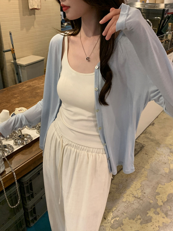 阿一  天丝醋酸纸片人开衫女夏季宽松外搭轻薄款防晒长袖针织上衣|undefined