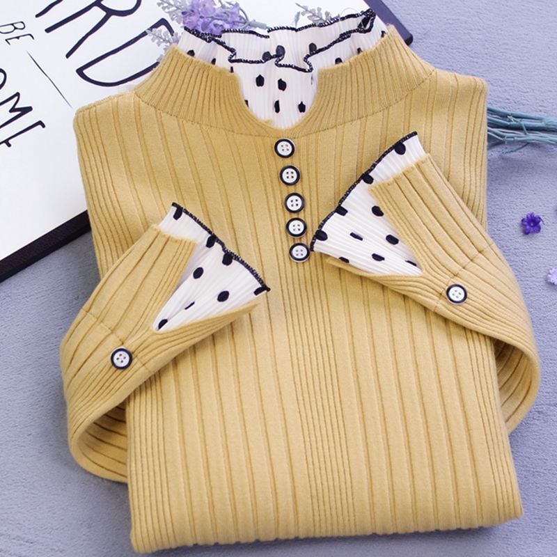 Base body-friendly sweater, demi-season lace long-sleeve, high collar