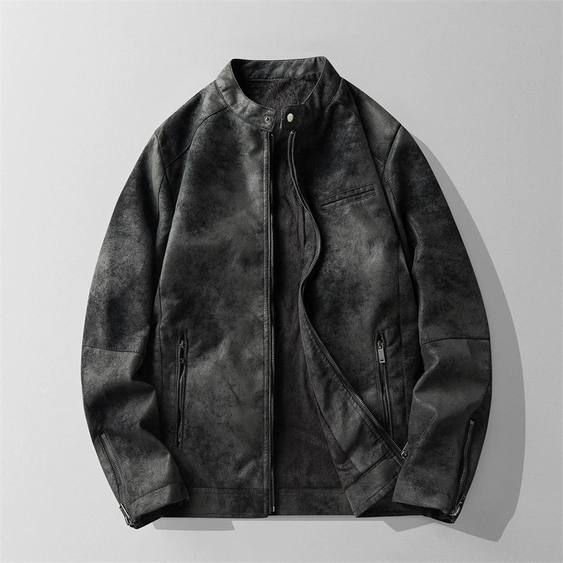 2024 новый подходит для второго открытия плюс бархат легкая зрелая машина кожаная куртка мужской осенний и зимний корейский костюм воротник для отдыха