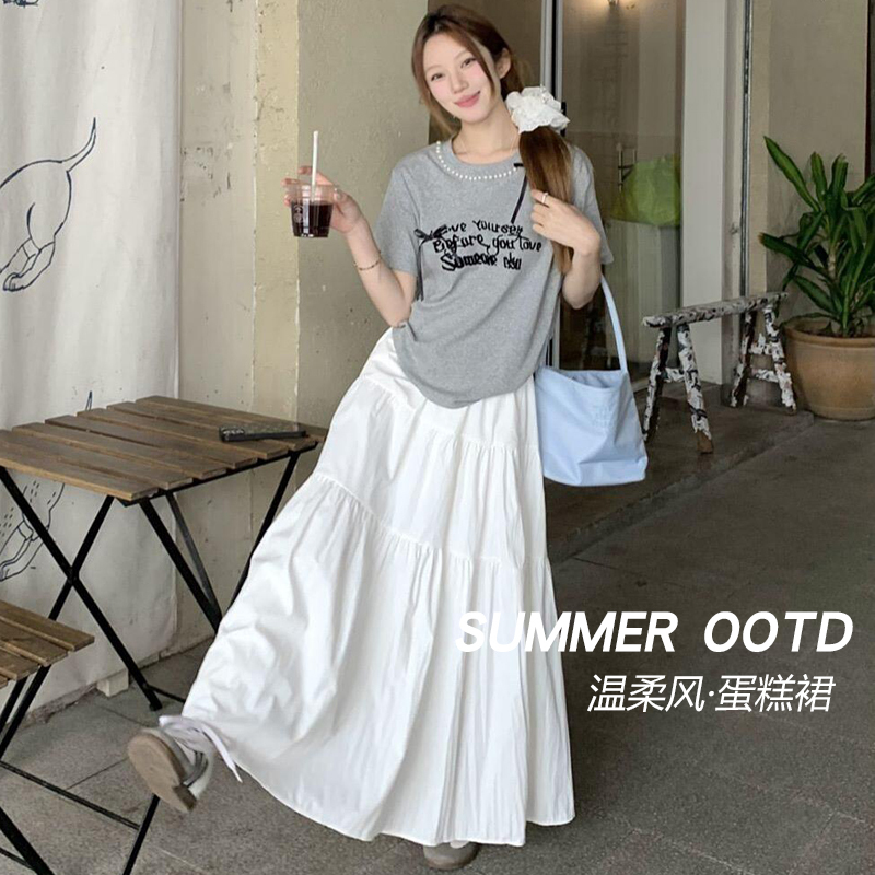 White Skirt for Women Summer 2025 New High-Waist Slimming Look A-Line Long Skirt Petite Tutu Skirt Ballet Cake Skirt