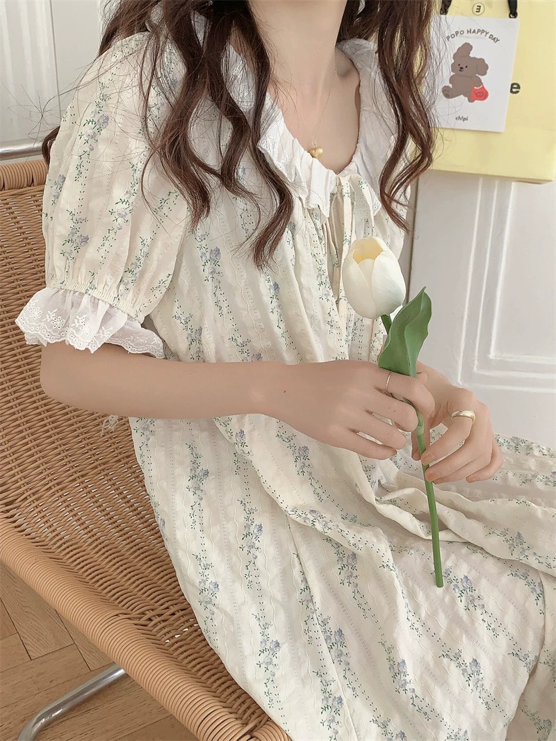 Милая кукла, длинная юбка для принцессы, пижама, новая коллекция, floral принт, воротник-кушонок, свободный крой, плюс размер