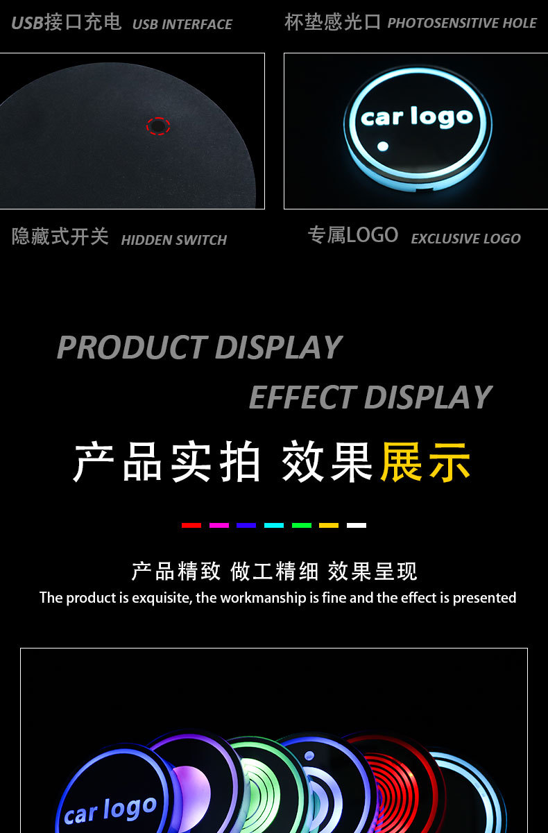 Car Led Luminous Water Coaster, Colorful Water Coaster, Car Atmosphere Light, Solar USB Charging, Anti-Slip Coaster