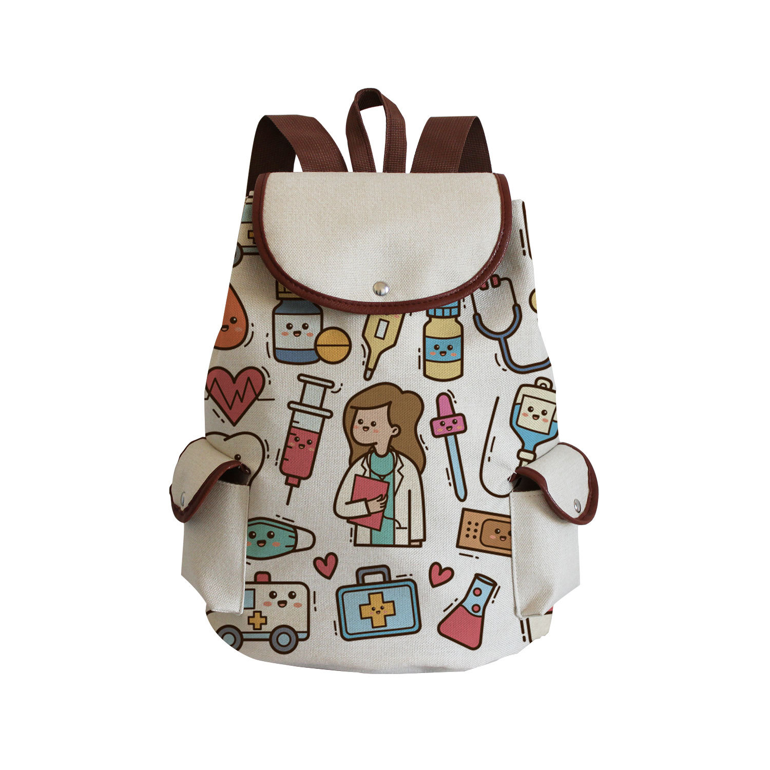 351g Weight Polyester Lining Material 16 inch Backpack size String, Buckle Closure Type Double Shoulder Straps Strap Type Fashion Backpack Bags Type Daily Occasion Canvas Material Nurses Day Festival Women's Backpack Backpack Nurse Pattern All Seasons Season Unisex Gender Vacation Style Bucket Shape Large Size 16 Inch Women's Backpack Daily School Backpacks
