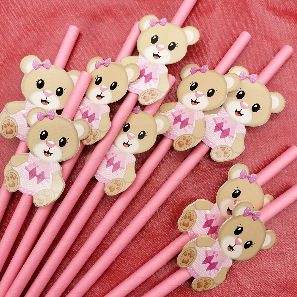Oso Tarjeta de paja de papel decoración desechable degradable fiesta creativa paja postre leche té bebida paja