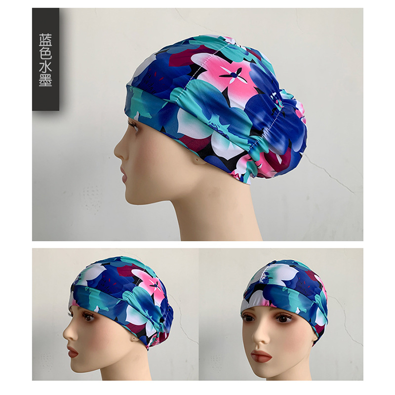 Fábrica al por mayor plisado paño gorro de natación extra grande circunferencia de la cabeza no apretado Pelo Largo oído protección natación caliente primavera unisex gorro de natación