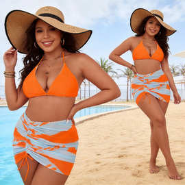 欧美bikini新款性感网纱三件套分体印花挂脖亚马逊爆款大码泳衣女