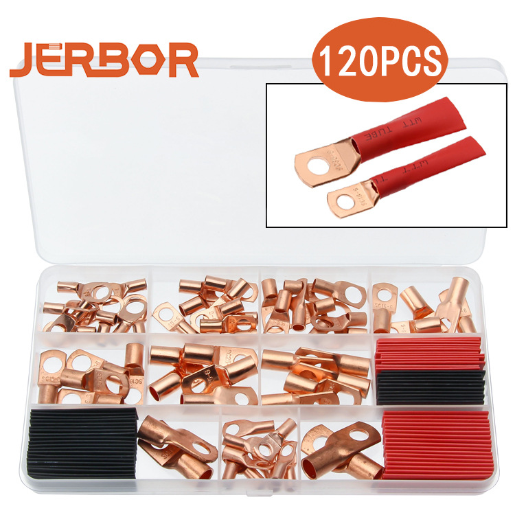 120pcs盒装窥口端子铜鼻子端子 防水接线端子线鼻子裸端子+热缩管