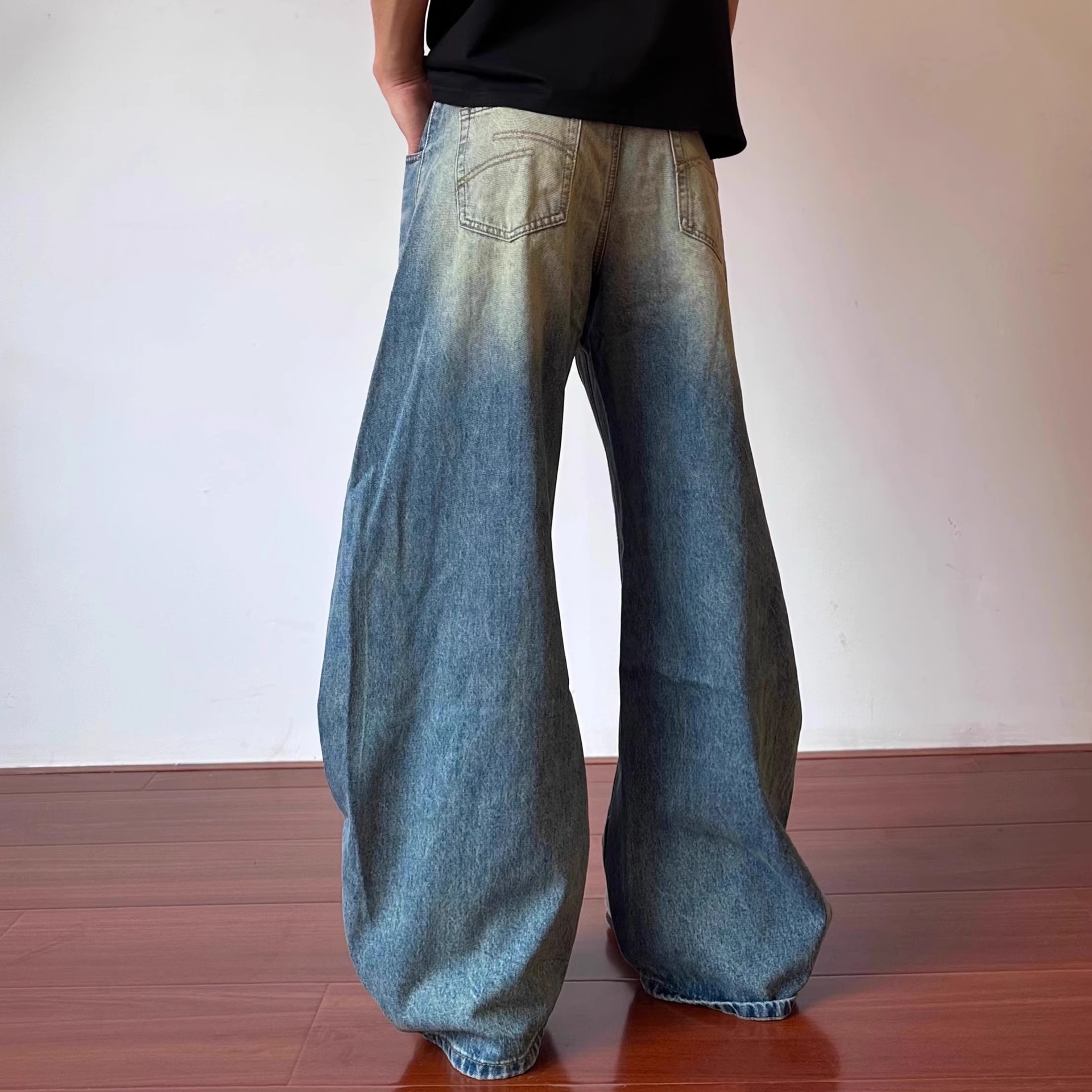 Unisex Wide-Leg Cargo Jeans | Vintage Washed Black & Blue | High-Waisted Relaxed Fit With Utility Pockets (S-3xl)_viptrois.com