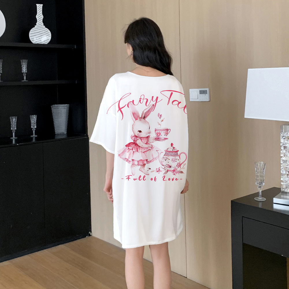 Yaoting pijama de mujer encantador viento impresión digital satén chiffón collar redondo pijama de manga corta SQ2273