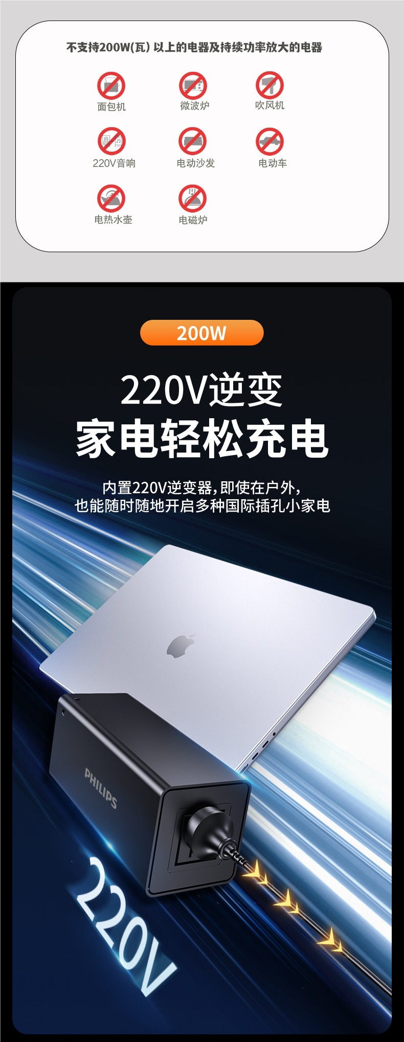 【National 3C Certification】Philips Outdoor Power Bank 200W (Watt) High Power Capacity Mobile Phone Charger
