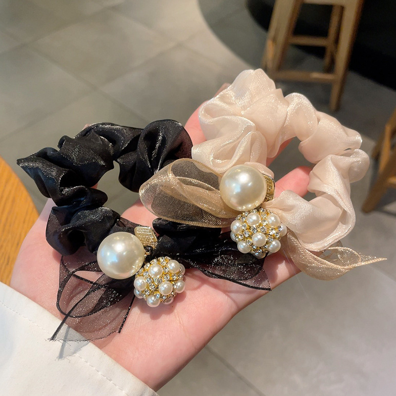 Elegante elastico per capelli con fiocco in rete e perle_voghion.com
