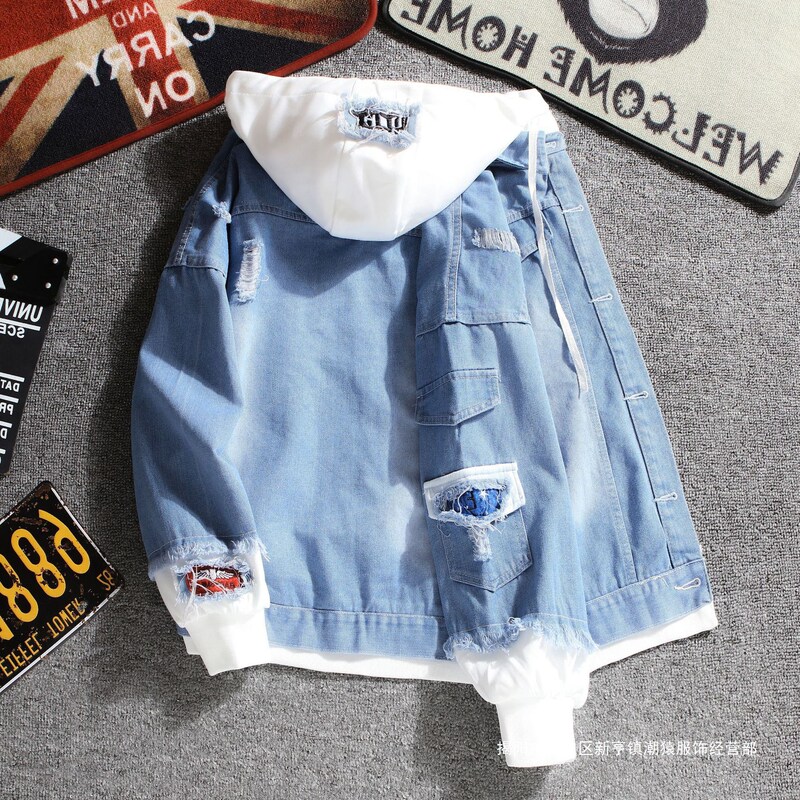2025 Men's Denim Jacket with Fake Two-Piece Hooded Design, Color-Blocking, Korean Style Trendy Versatile Loose Casual Jacket 2025 Men's Denim Jacket with Fake Two-Piece Hooded Design, Color-Blocking, Korean Style Trendy Versatile Loose Casual Jacket