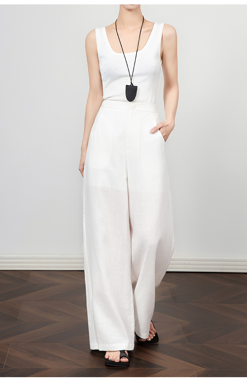 Quần culottes nữ ống rộng vải lanh phong cách cổ điển giản dị, dáng suông rộng, mặc đi làm hoặc dạo phố mùa hè — Màu trắng chi tiết 10