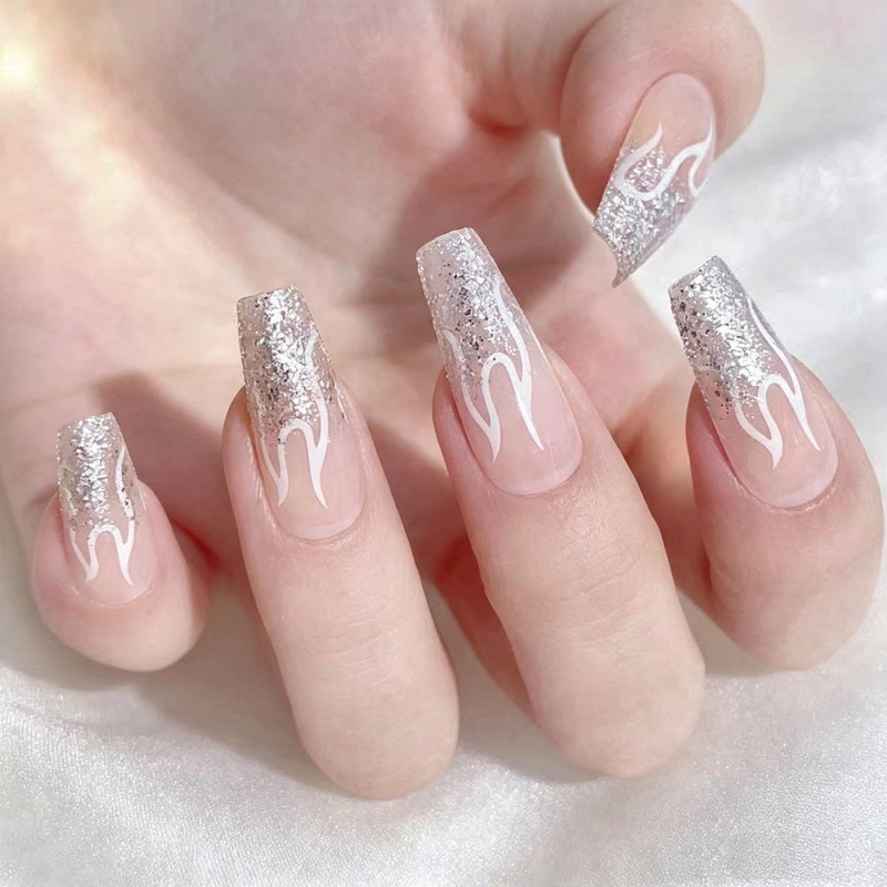 Trendy Flame Silver Glitter Wearable Nails, Long Trapezoidal Nails, Silver Foil Glitter False Nails, Unique Party Nail Stickers for Cool Girls Trendy Flame Silver Glitter Wearable Nails, Long Trapezoidal Nails, Silver Foil Glitter False Nails, Unique Party Nail Stickers for Cool Girls