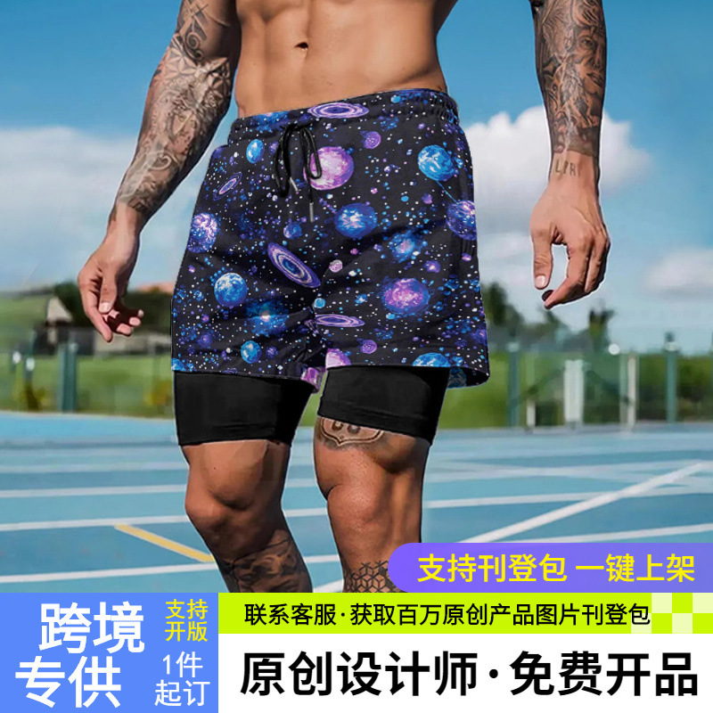 Fake Two-Piece American Basketball Shorts for Men, Summer Training Cycling Shorts, Running Quick-Dry Double-Layer Fitness Sports Shorts with Lining