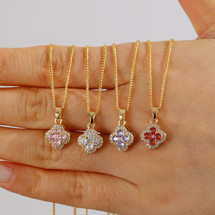 Cross-border Hot Sale Full Diamond Zircon Lucky Fancy Diamond Four-leaf Clover Necklace Women Ins Style Light Luxury Clavicle Chain Women All-match