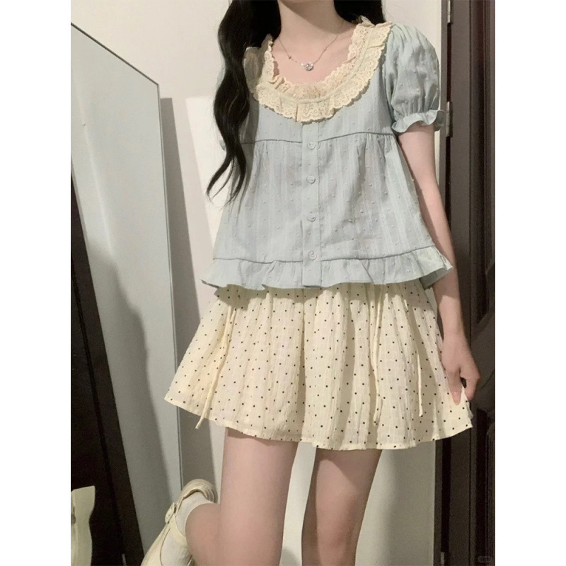 Mint Mambo French Sweet Lace Top with Doll Collar, Summer Puff Sleeve, Chic Short Sleeve Top