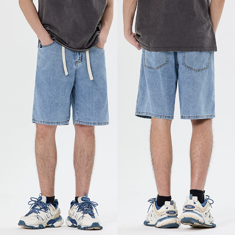 Модные джинсовые шорты в гонконгском стиле из лиоцелла, мужские простые модные свободные повседневные прямые брюки большого размера с пятью точками