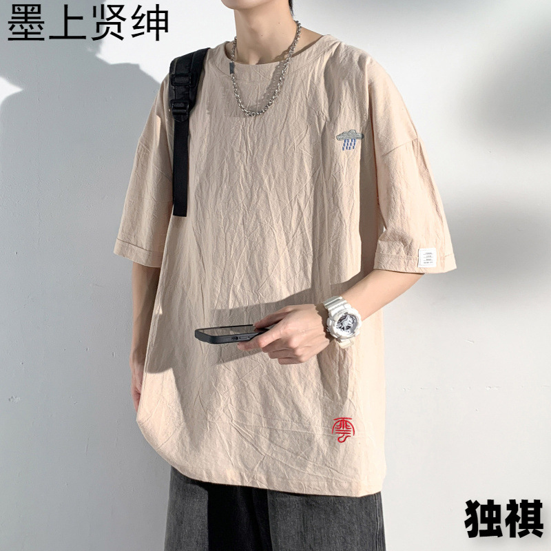 Camiseta de algodón y lino con manga media suelta bordada para hombre de manga corta, camiseta de verano para hombre, ropa de lino, camiseta de talla grande