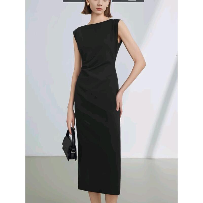 Langzi French One-shoulder Waist Pleated Design Elegant Long Skirt Autumn 2024 New Women's Dress