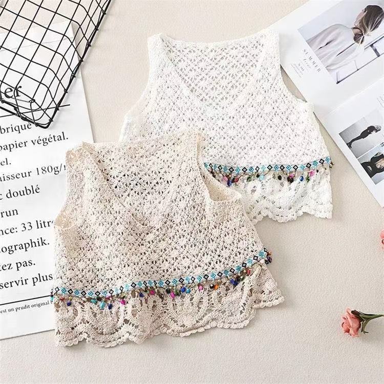 Ethnic Style Beaded Camisole Women's Seaside Vest Short Sexy Hollow Crochet Sleeveless Knitted Top Vest