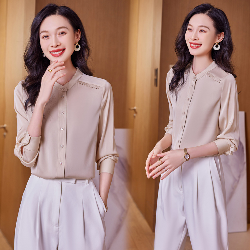 Spring elegant fashionable silk solid color shirt with a round…