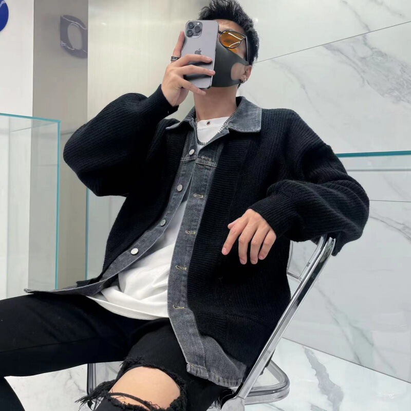 Men's High-End Jacket with Faux Two-Piece Denim Patchwork, Korean Style Trendy Brand, High-End Knit Cardigan Jacket Men's High-End Jacket with Faux Two-Piece Denim Patchwork, Korean Style Trendy Brand, High-End Knit Cardigan Jacket