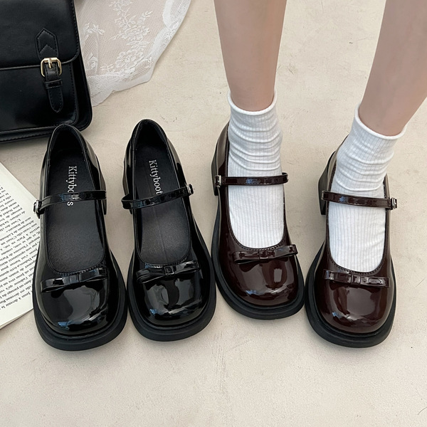 Retro summer brown Mary Jane shoes heels with bow English style
