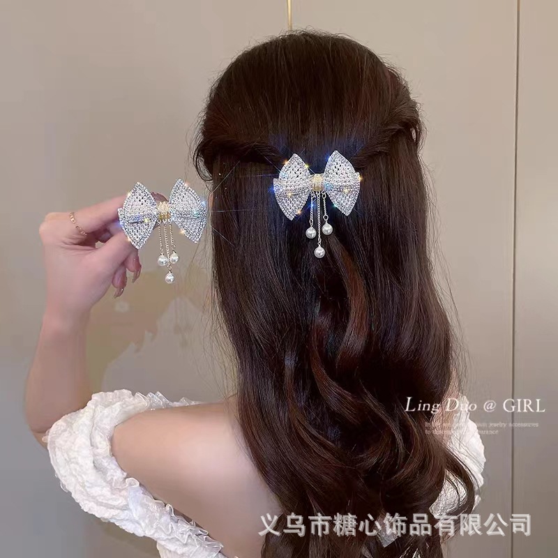Exquisite Super fairy pendant Pearl bow spring clip bangs clip half clip bow bow hairpin shark clip