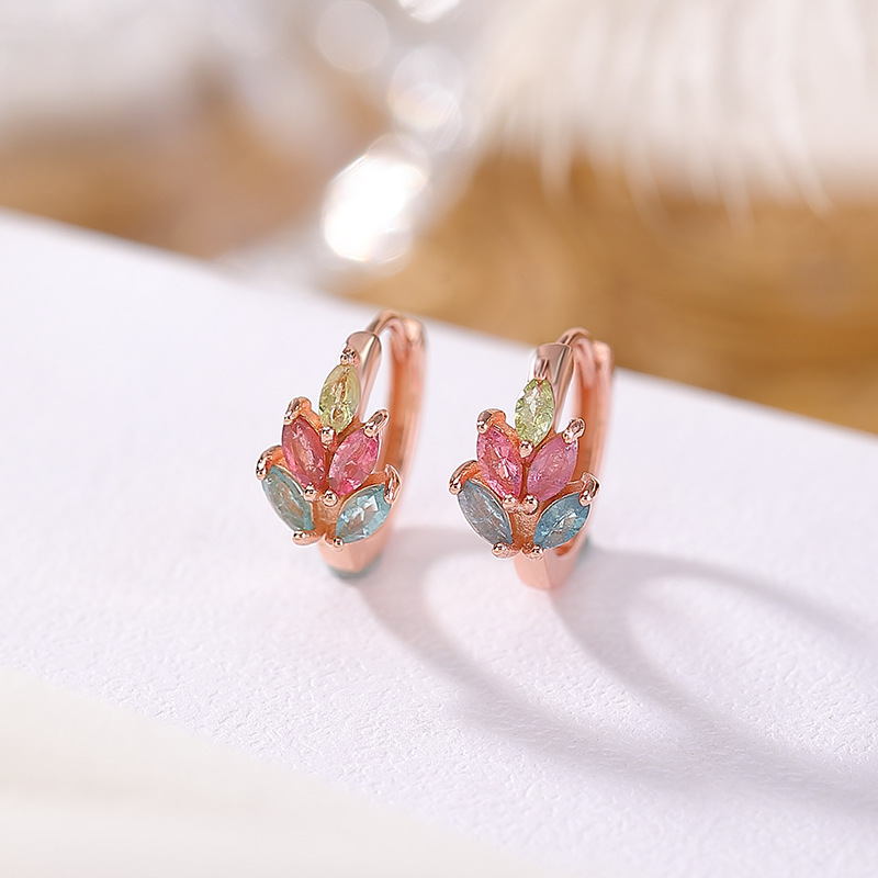 Bông tai stud bạc S925 mạ hồng vàng đính đá bích tỉ hình hạt lúa mạch — Một đôi (Bích Tỉ màu sắc ngẫu nhiên)