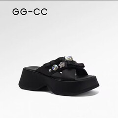 [シチリア島] GGCC 2025 夏 フレンチ厚底ハーフスリッパ レディース 上品なラインストーンサンダル アウター用