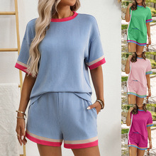 2025夏季新款亚马逊TK女装多巴胺扭扭条短袖短裤拼色两件套装