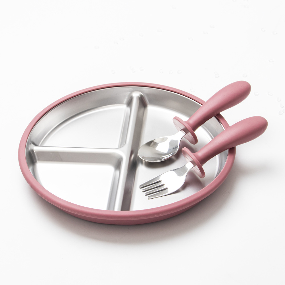 Rose red dinner plate + round handle fork and spoon