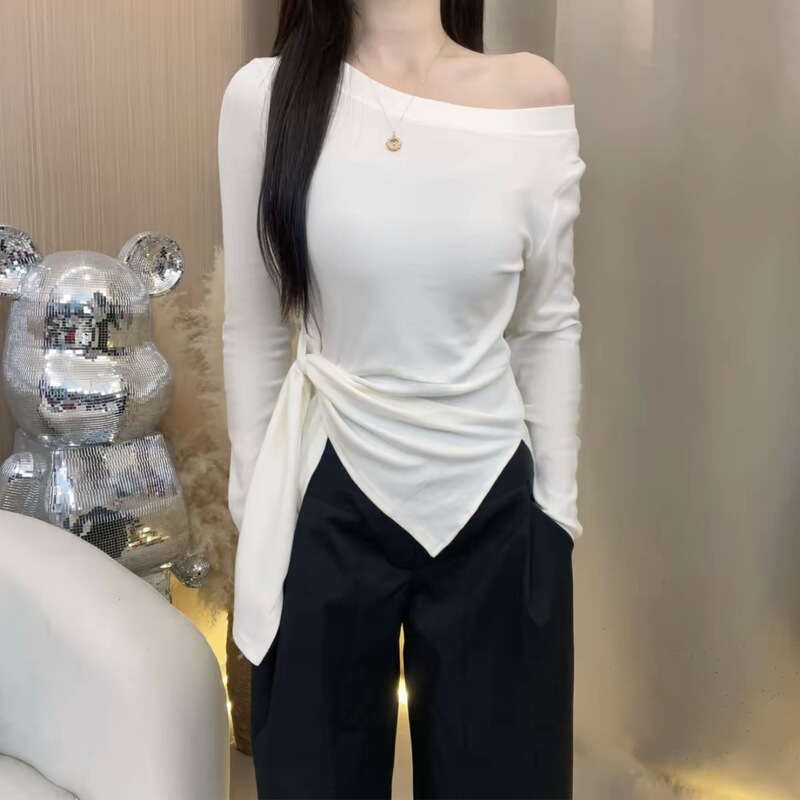 大码斜肩撞色条纹长袖t恤女秋季胖mm显瘦设计感绑带收腰短款上衣|undefined
