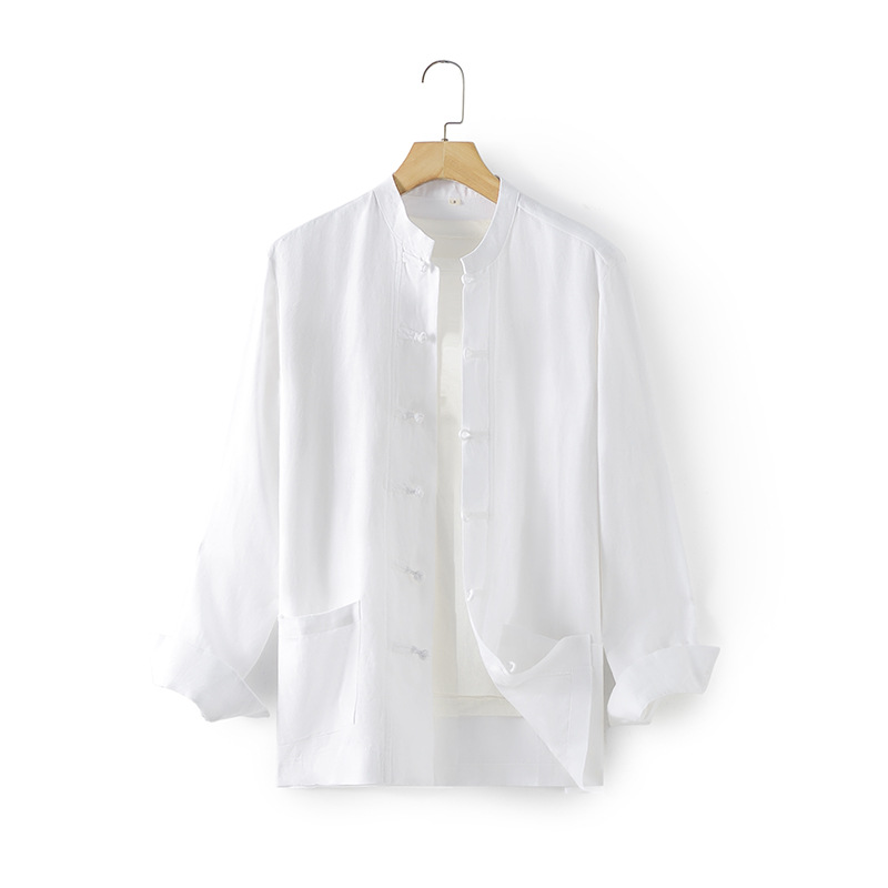 Primavera 2024 hombres de lino estilo nacional camisa suelta retro hebilla chino stand collar manga larga E009