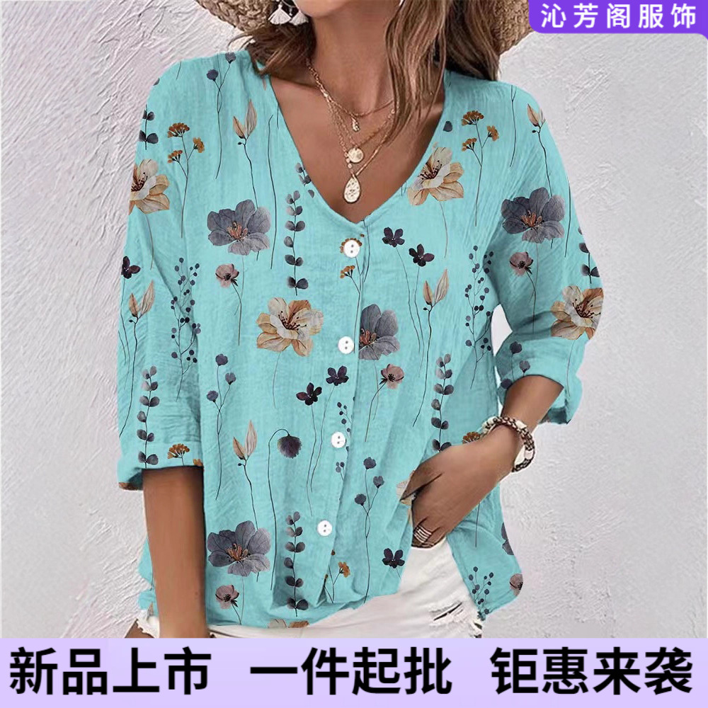 2025 가을, 겨울 새로운 유럽과 미국 Amazon TEMU 독립 스테이션 여성 v 넥 버튼 쉬폰 프린트 카디건 긴 소매