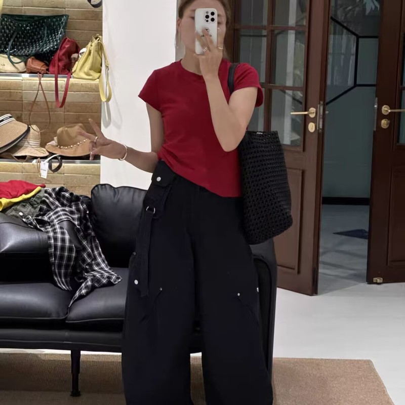 美式2025早秋斜口袋洋气减龄弯刀工装裤女宽松显瘦高街阔腿休闲裤|undefined