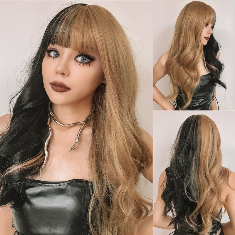 国境を越えた欧米のかつらの女性hairチー前髪長いカールグラデーションホワイトゴールド新製品メカニズム化繊頭カバーwigs|undefined